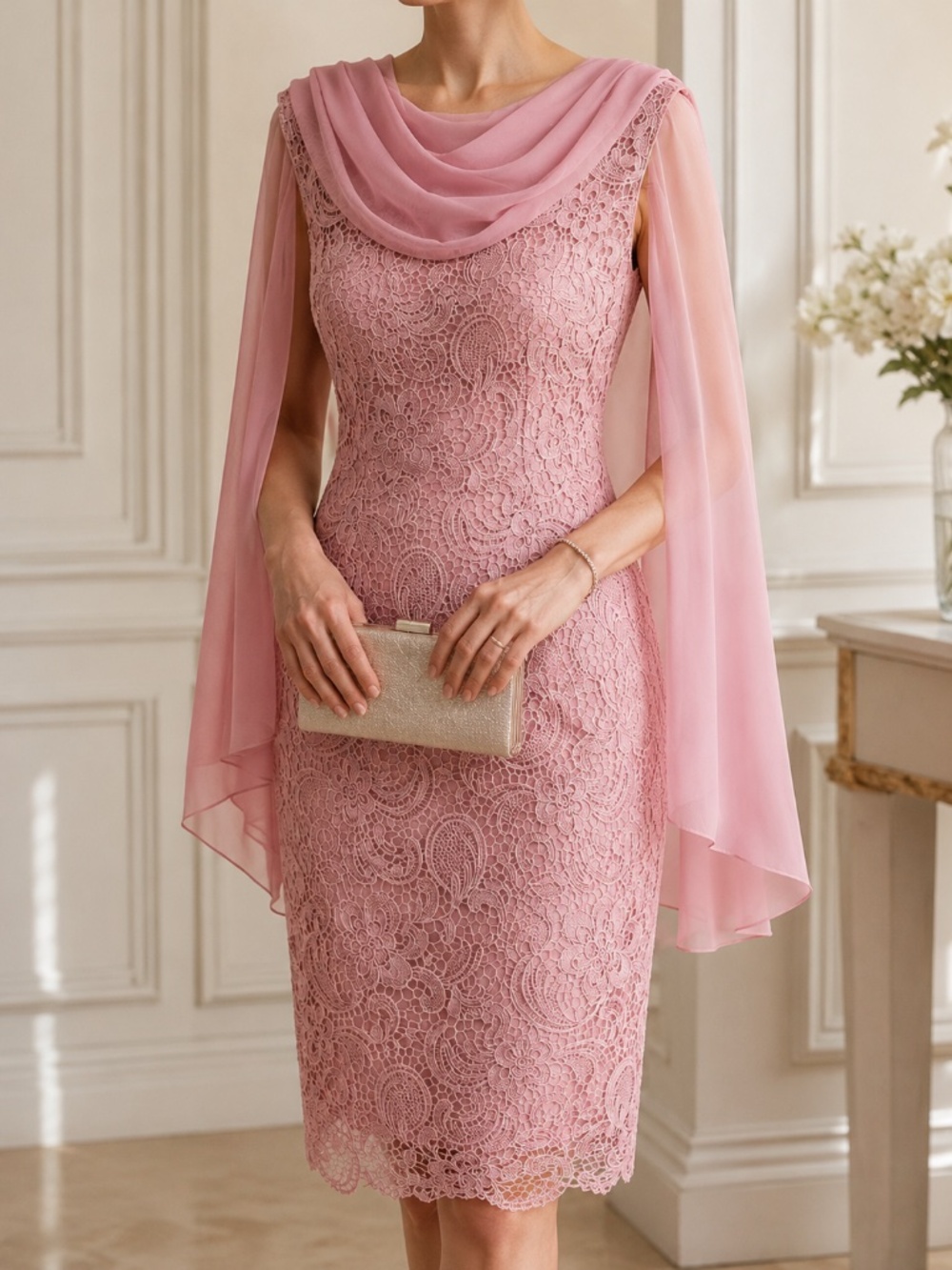 Pink Lace Knee-Length Cocktail Dress with Matching Shawl
